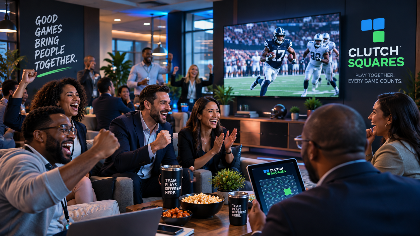 Colleagues celebrating a play together during an office game-day watch party